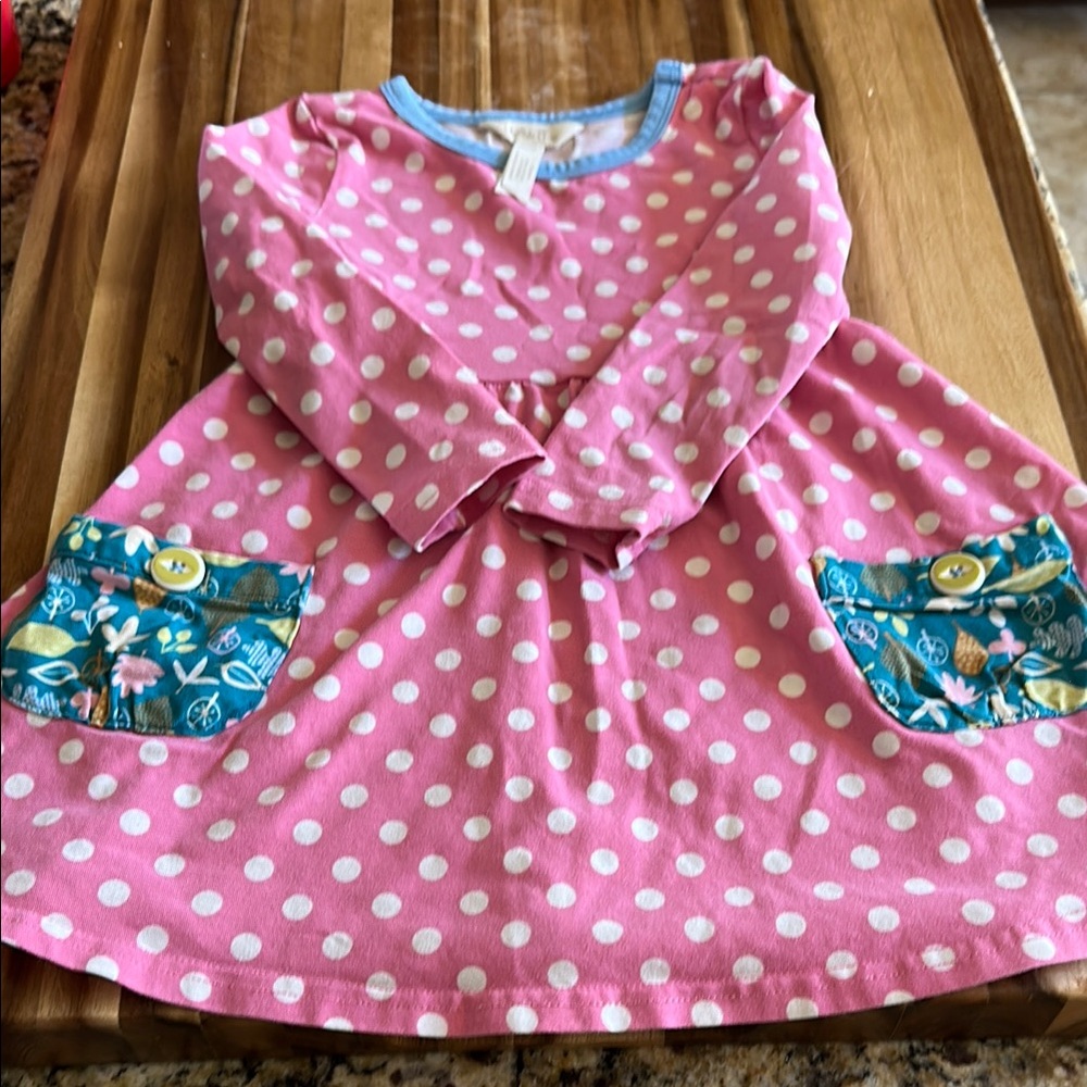 Pink Polka Dot Long Sleeve Dress with Blue Accents